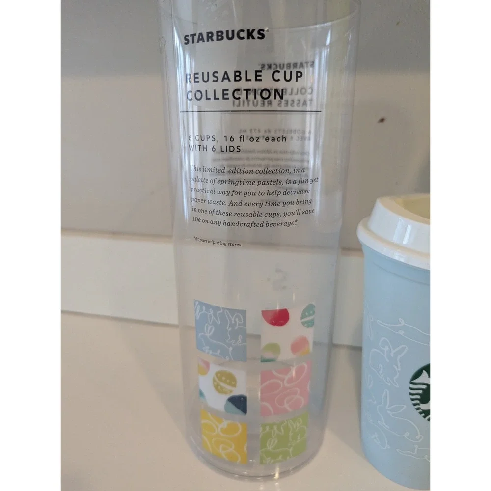 Starbucks 2018 Reusable Easter Pastel Cups Set Of 5 16oz cups W/Lids Rabbit Egg